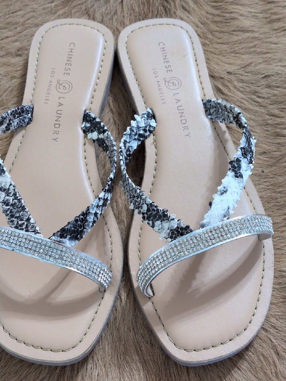 Chinese Laundry Silver Rhinestone & Black-White Snake Print Slide Sandals